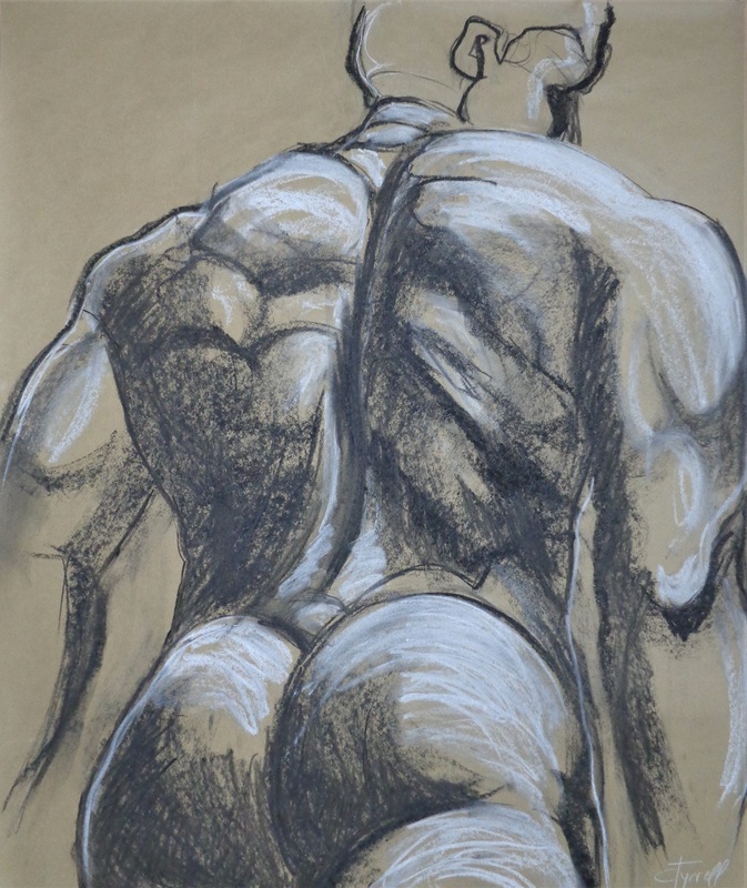 Man Nude Figure 5.jpg :: Original figurative drawing on brown paper, unframed. Use of black charcoal and white pastel. Part of a new series of drawings as a tribute to the harmoniously proportioned male figures. Expressive rear image of an athletic man, inspired by Baccio Bandinelli's sculpture \