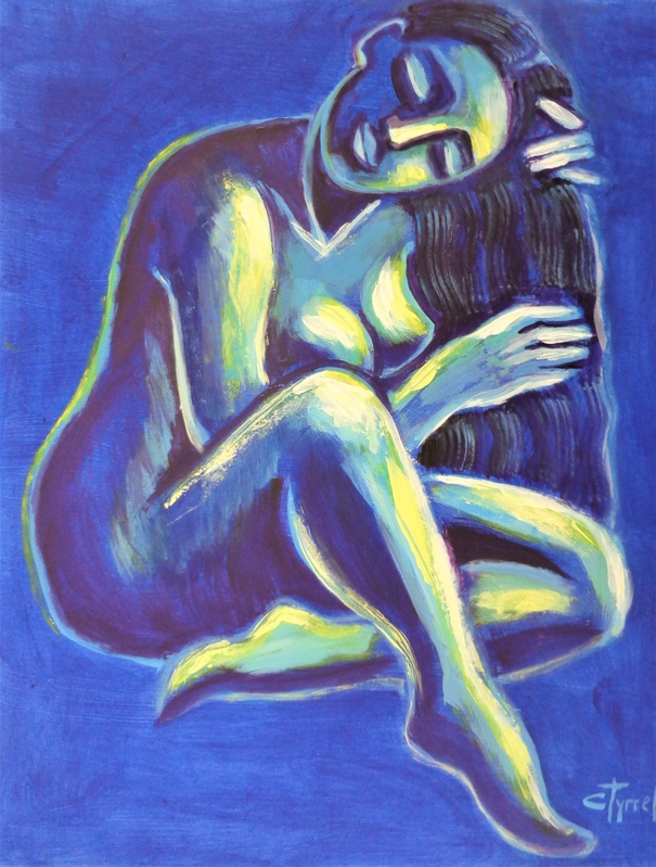 Midnight Blue Figure.jpg :: Original figurative painting on acid free quality paper, unframed. Part of a new series of colourful expressionist acrylic paintings of nude figures. Image of a female nude arranging her hair, made using midnight blue, turquoise and yellow acrylic colours.  
Size 60 cm x 76 cm ( 23.5\