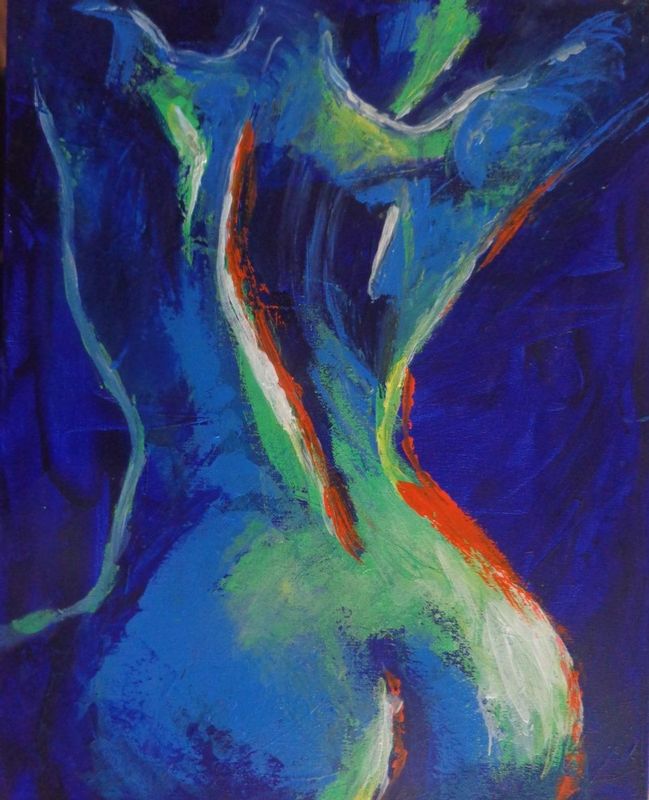 Midnight Lady A - Female Nude.jpg :: Original contemporary semi-abstract figurative, acrylics painting on stretched deep edge canvas, painted edges and ready to hang.  Frame is optional. Using blue, yellow and orange colours and palette knife to build texture. Back torso of seated female nude with arms up. Size 20\