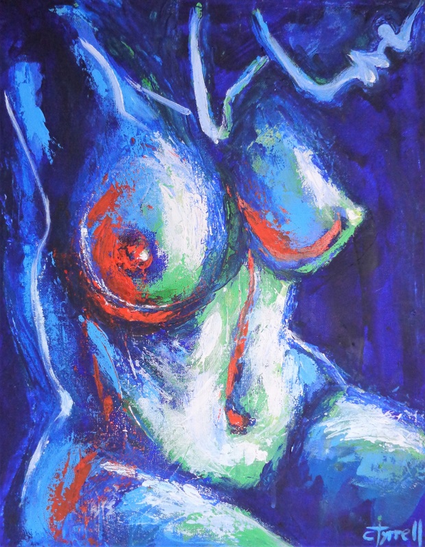 Midnight Lady B - Female-Nude.jpg :: Original semi-abstract figurative acrylics painting on deep edge stretched canvas, painted edges and ready to hang. Colourful and textured using blue, lime green and red colours and the palette knife. Frontal image of seated female nude torso.  Size 20\