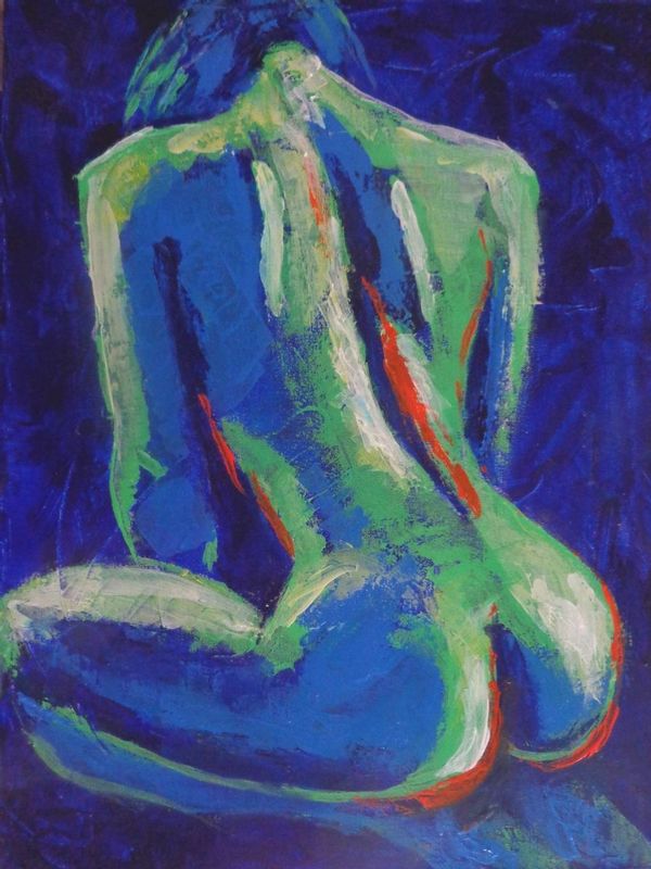 Midnight Lady C - Female Nude.jpg :: Original abstracted acrylics painting on stretched deep edge canvas, painted edges and ready to hang. Frame is optional. Figurative painting using blue, yellow and orange colours and palette knife technique. Back image of a female nude seated on her knees. Size 24\