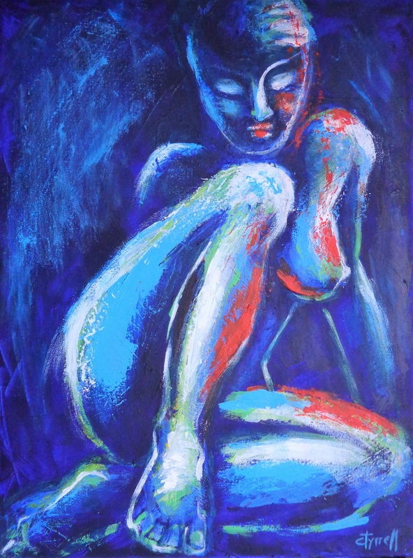 Midnight Lady D - Female Nude.jpg :: Original semi-abstract figurative acrylics painting on deep edge stretched canvas, painted edges and ready to hang. Colourful and textured using ultramarine blue, lime green, red colours and the palette knife. Frontal image of seated female nude relaxing.  Size 24\