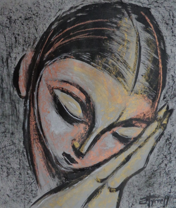 Miss Pogany - Portrait.jpg :: Original figurative mixed media painting on grey paper, unframed. Made using black acrylic, Sennelier copper and gold oil pastel and chalk. Size 49 cm x 49 cm (19.25\