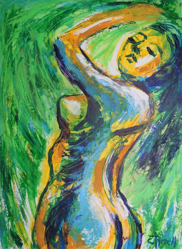 Nature Lover 1.jpg :: Original figurative acrylics painting on acid free paper, unframed. Energetic artwork, large strokes of green, yellow, blue and purple colours made using the pallet knife. Image of a happy young woman enjoying the Nature, part of a new series of paintings, tribute to Mother Nature.The series depicts the beauty of humans interacting with Nature. The representation of female nudes enjoying the Nature is a symbol of purity and liberation, as humans we are part of it.Size 73 cm x 53 cm (28.5\