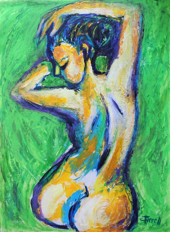 Nature Lover 3.jpg :: Original figurative acrylics painting on acid free paper, unframed. Energetic artwork, large strokes of green, yellow, blue and purple colours made using the pallet knife. Rear image of a happy young woman enjoying the Nature, part of a new series of paintings, tribute to Mother Nature. The series depicts the beauty of humans interacting with Nature. The representation of female nudes enjoying the Nature is a symbol of purity and liberation, as humans we are part of it.
Size 76 cm x 56 cm (30\