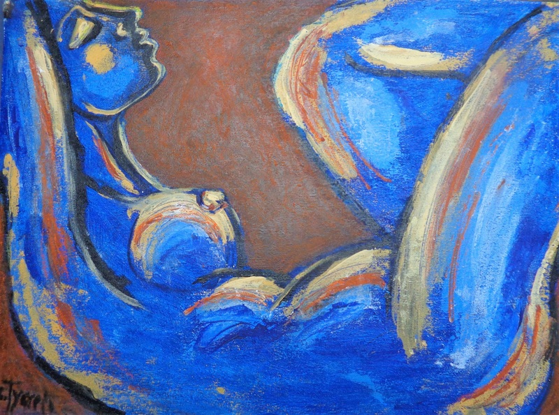 Nocturne 2 - Female Nude.jpg :: Original contemporary figurative textural painting on paper, unframed. The second painting in the series. Semi - abstract painting of a female nude lying down relaxing in the night. Orange and blue colour scheme using acrylics and oil pastel, working with palette knife. Size 28\