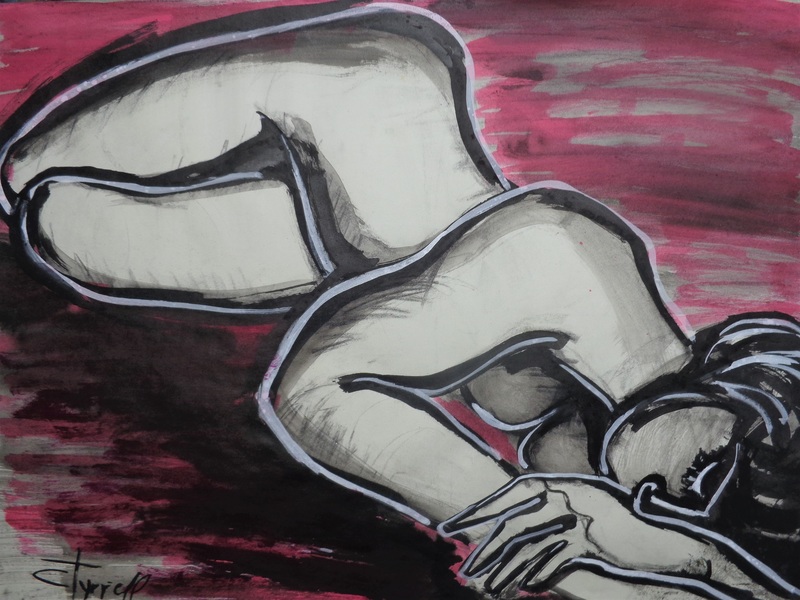 Nostalgic Nude.jpg :: Original contemporary figurative drawing on paper, unframed. Made using charcoal with carmine, black and white inks. Modern and minimalist style. Sensual image of a female nude lying face down in a nostalgic mood. Size 76 cm x 56 cm (30\
