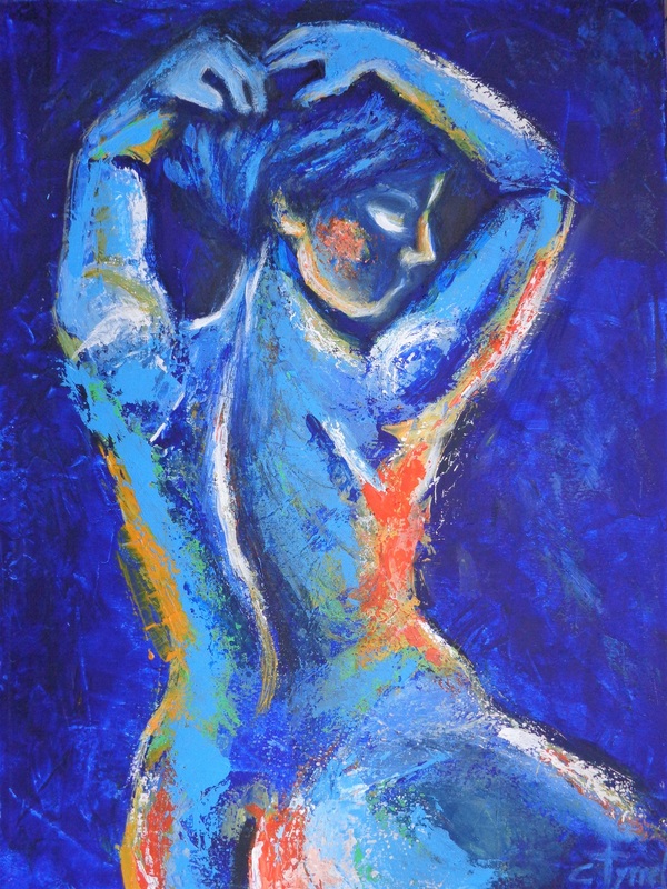 Nude By The Sea 1a.jpg :: Original contemporary figurative painting on canvas, painted edges and ready to hang. Frame is optional. Colourful and textured painting using blue, orange and green acrylics layered with the palette knife. Expressive back image of a seated female nude putting up her hair. Size 46 cm x 61 cm x 1 cm (18\