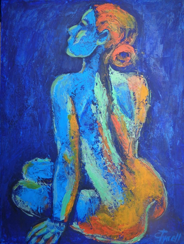 Nude By The Sea 2.jpg :: Original contemporary figurative painting on canvas, painted edges and ready to hang. Frame is optional. Colourful and textured painting using blue, orange and green acrylics layered with the palette knife. Expressive rear image of a seated female nude relaxing on the beach. Size 46 cm x 61 cm x 1 cm (18\