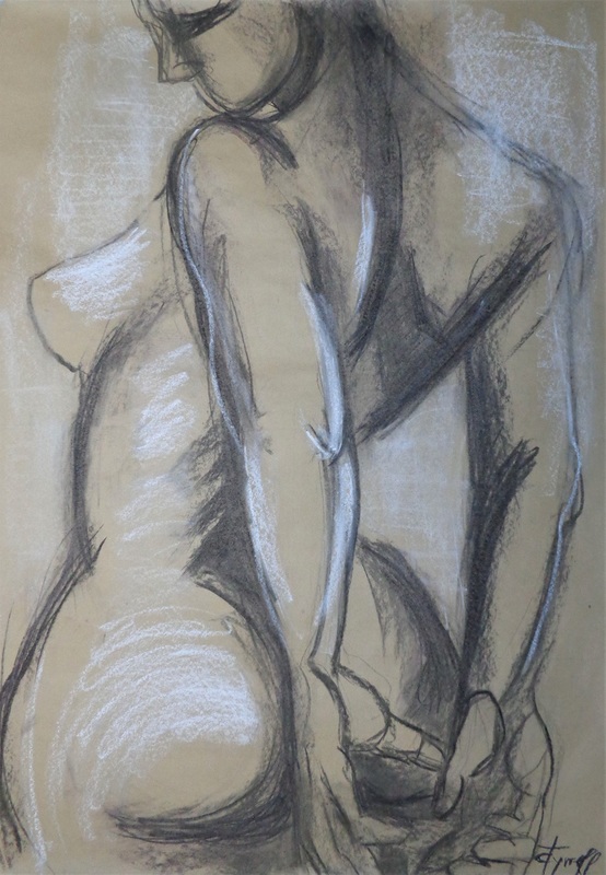 Nude Figure 1.jpg :: Original figurative drawing on large brown paper, unframed.  Expressive and energetic style of work using charcoal and pastel .Graceful posture of a female nude back view from the rear. Size 70 cm x 100 cm (27.5\