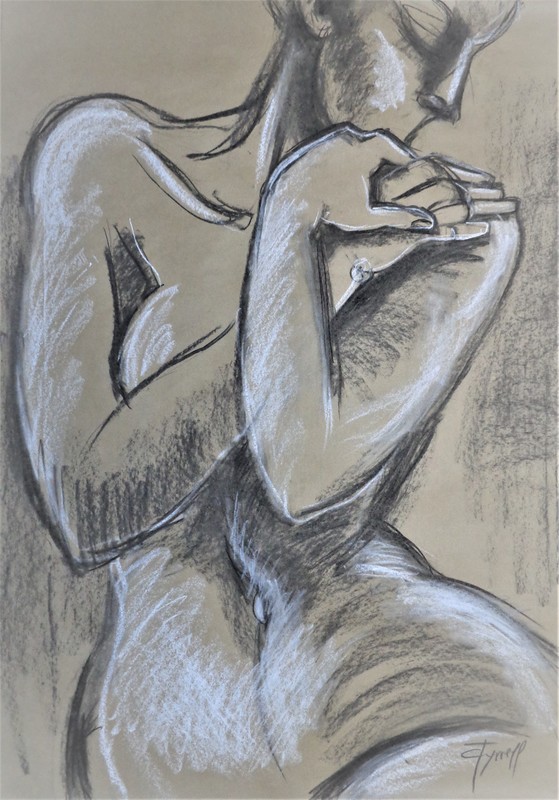 Nude Figure 2.jpg :: Original figurative drawing on large brown paper, unframed.  Expressive and energetic style of work using charcoal and pastel. Frontal image of a graceful posture of a female nude. Size 70 cm x 100 cm (27.5\