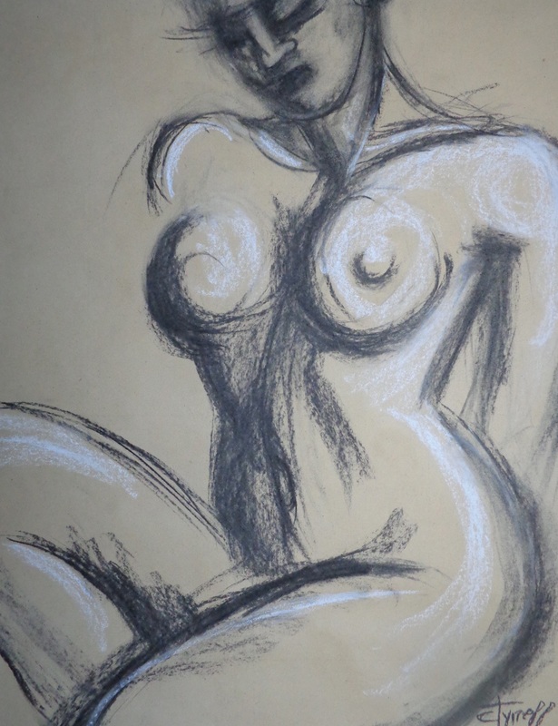 Nude Figure 3.jpg :: Original figurative drawing on large brown paper, unframed.  Expressive and energetic style of work using charcoal and pastel. Frontal image of a a female nude propped on one knee. Size 60 cm x 80 cm (23.5\