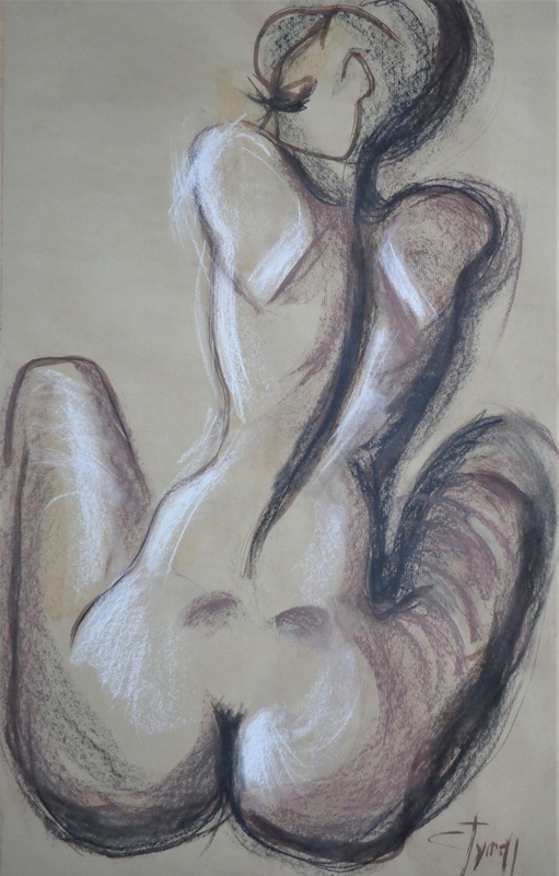 Nude Figure 4.jpg :: Original figurative drawing on large brown paper, unframed.  Expressive and energetic style of work using charcoal and sepia ink. Rear view of a female nude sitting down and turning the head.  Spontaneous simple drawings of a female nude figures. Size 66 cm x 110 cm (26\