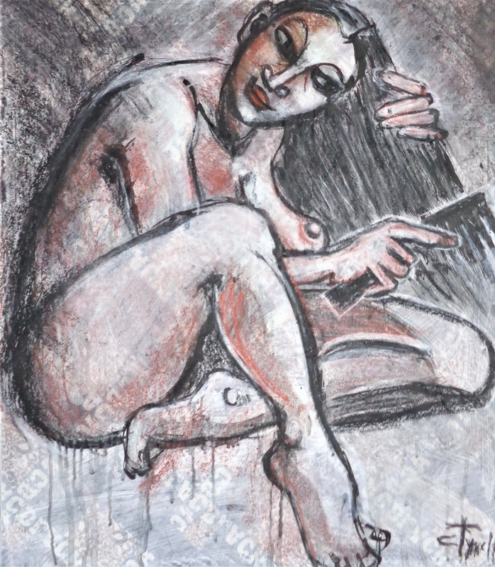 Nude Figure Combing Her Hair.jpg :: Original contemporary mixed media drawing on printed paper glued onto 140 gsm paper, unframed. Textured surface created with paper creases when glued and use of mixed media,white acrylics washes, sepia ink and oil pastels.  Sensual image of a female nude combing her hair. Size 24.5\