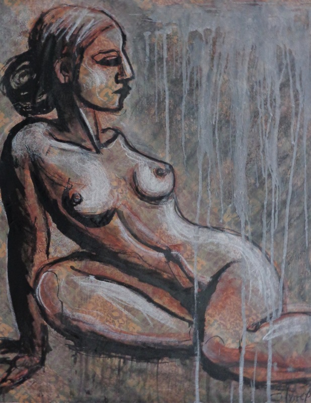 Nude Figure Resting.jpg :: Original contemporary mixed media drawing on printed paper glued onto 140 gsm paper,  unframed. Textured surface created with paper creases when glued and use of mixed media,white acrylics washes, sepia ink and oil pastels. Sensual image of a nude woman resting propped on one arm.  Size 24\