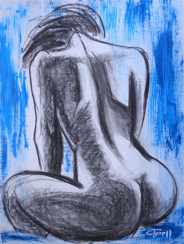 Nude In The Evening Light 1.jpg :: Original contemporary figurative drawing on 170 gsm paper, unframed. Part of the new series of nude figure drawings where I focus on following lines and curves describing body's movement and structure. Erotic and sensual image of a woman's curvy back. Spontaneous drawing using charcoal and blue acrylic. Size 60 cm x 80 cm (23.5\