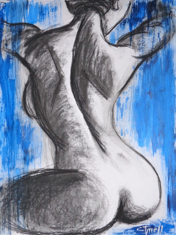 Nude In The Evening Light 2.jpg :: Original contemporary figurative drawing on 170 gsm paper, unframed. Part of the new  series of nude figure drawings where I focus on following lines and curves describing body's movement and structure. Erotic and sensual image of a woman's curvy back. Spontaneous drawing using charcoal and blue acrylic. Size 60 cm x 80 cm (23.5\