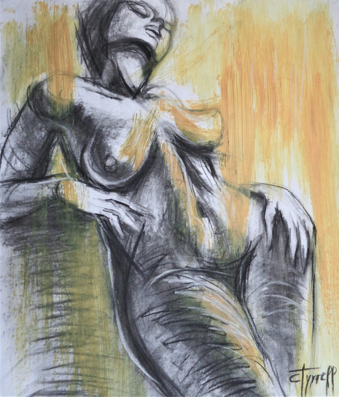 Nude In The Morning Light 1.jpg :: Original contemporary figurative drawing on 170 gsm paper, unframed. New series of nude figure drawings where I focus on following lines and curves describing body's movement and structure. Erotic and sensual image of a relaxed woman in the morning light. Spontaneous drawing using charcoal and yellow ochre acrylic. Size 60 cm x 70 cm (23.5\