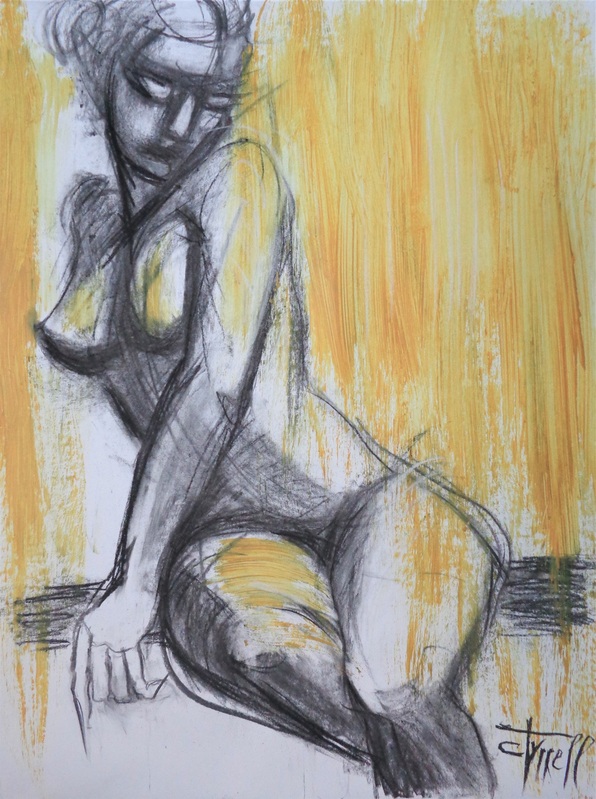 Nude In The Morning Light 2.jpg :: Original contemporary figurative drawing on 170 gsm paper, unframed. Part of the new  series of nude figure drawings where I focus on following lines and curves describing body's movement and structure. Erotic and sensual image of a seated woman in the morning light. Spontaneous drawing using charcoal and yellow ochre acrylic. Size 60 cm x 80 cm (23.5\