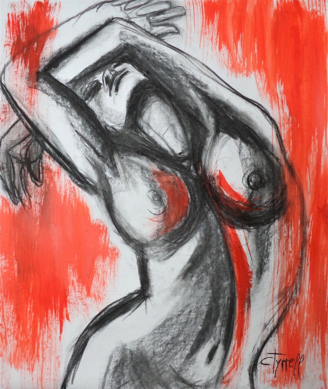 Nude In The Sunset Light 1.jpg :: Original contemporary figurative drawing on 170 gsm paper, unframed. Part of the new  series of nude figure drawings where I focus on following lines and curves describing body's movement and structure. Erotic and sensual image of a woman stretching in the sunset light. Spontaneous drawing using charcoal and red acrylic. Size 60 cm x 70 cm (23.5\