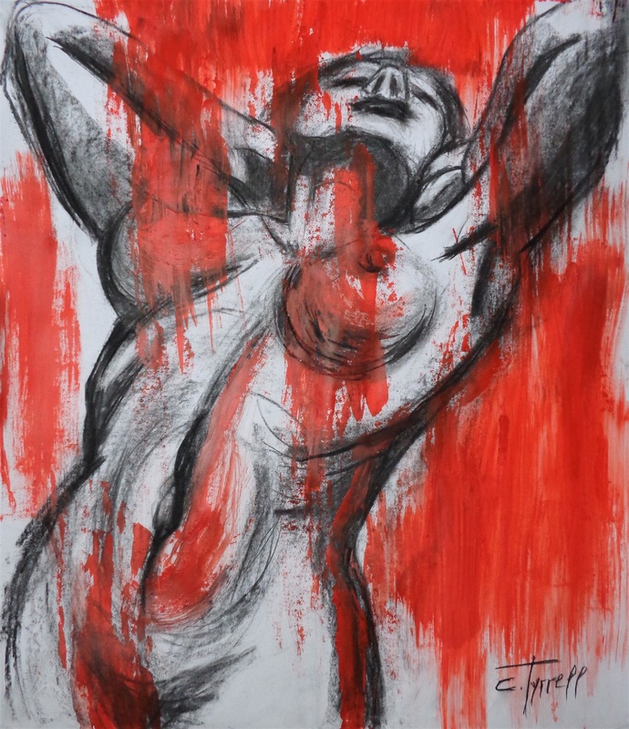 Nude In The Sunset Light 2.jpg :: Original contemporary figurative drawing on 170 gsm paper, unframed. Part of the new  series of nude figure drawings where I focus on following lines and curves describing body's movement and structure. Erotic and sensual image of a woman stretching in the sunset light. Spontaneous drawing using charcoal and red acrylic. Size 60 cm x 70 cm (23.5\