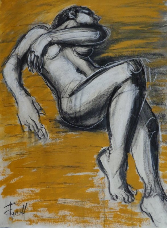 Nude On The Deck.jpg ::  Original contemporary figurative charcoal and yellow acrylic painting on paper, unframed. Erotic and sensual image of a female nude lying down and relaxing in the sunshine. Size 30\