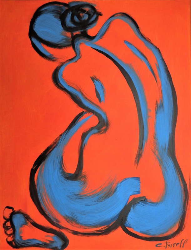 Orange And Blue Figure.jpg :: Original abstracted figurative minimalist painting on acid free quality paper, unframed. Part of a new series of acrylic paintings, spontaneous and expressive nude figures on different colour background. Showing here back of a seated female nude, made using orange and blue acrylic colours. 
Size 60 cm x 80 cm ( 23.5\