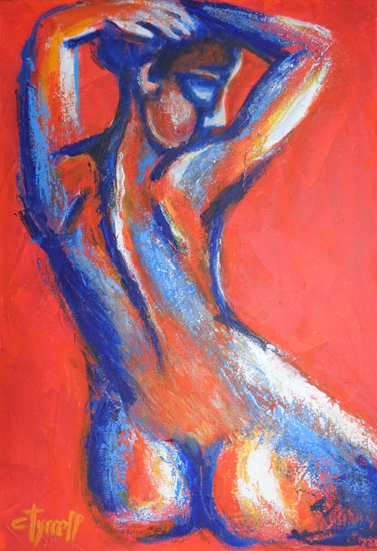 Orange Lady - Back.jpg :: Original contemporary figurative acrylics painting on canvas, painted edges and ready to hang. Part of a new series of 3 nude figures, view of front, profile and back, with orange predominant colour. Colourful and textured semi-abstract painting using orange, blue and white applied in several layers with the palette knife. Size 42 cm x 60 cm x 1.5 cm ( 16.5\