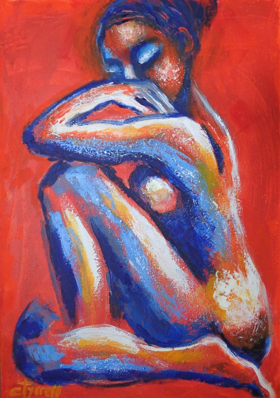 Orange Lady - Profile.jpg :: Original contemporary figurative acrylics painting on canvas, painted edges and ready to hang. Part of a new series of 3 nude figures, view of front, profile and back, with orange predominant colour. Colourful and textured semi-abstract painting using orange, blue and white applied in several layers with the palette knife. Size 42 cm x 60 cm x 1.5 cm ( 16.5\
