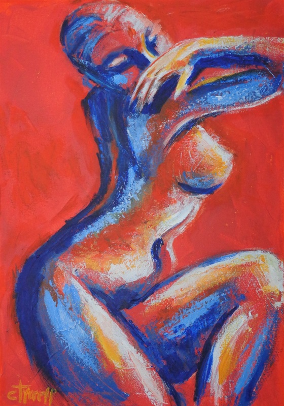 Orange Nude - Front.jpg :: Original contemporary figurative acrylics painting on canvas, painted edges and ready to hang. Part of a new series of 3 nude figures, view of front, profile and back, with orange predominant colour. Colourful and textured semi-abstract painting using orange, blue and white applied in several layers with the palette knife. Size 42 cm x 60 cm x 1.5 cm ( 16.5\