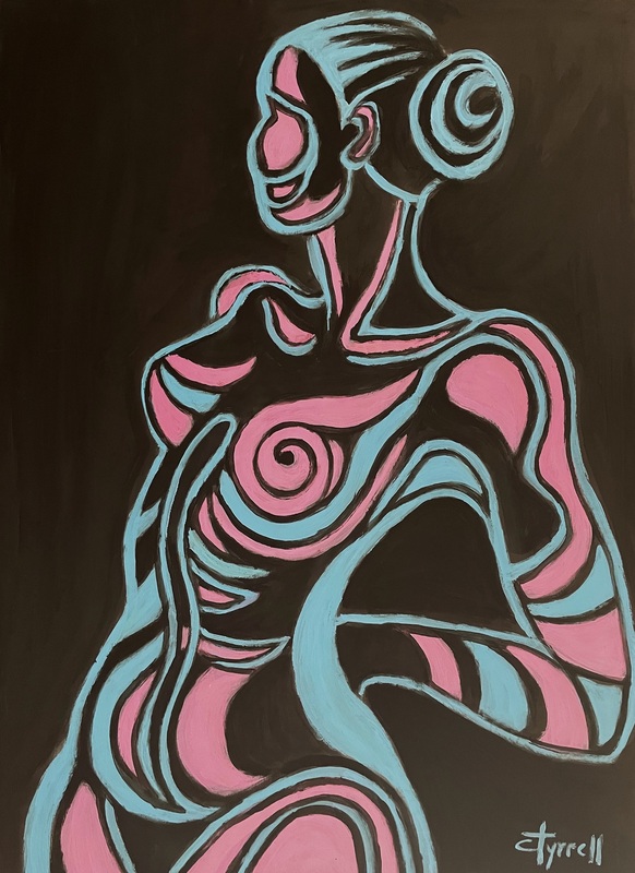 Painted Body Blue and Pink 1.jpg :: Original figurative acrylics painting on paper, unframed. Frontal image of a female nude body painted with blue and pink on black background. Size 70 cm x 50 cm (27.5\
