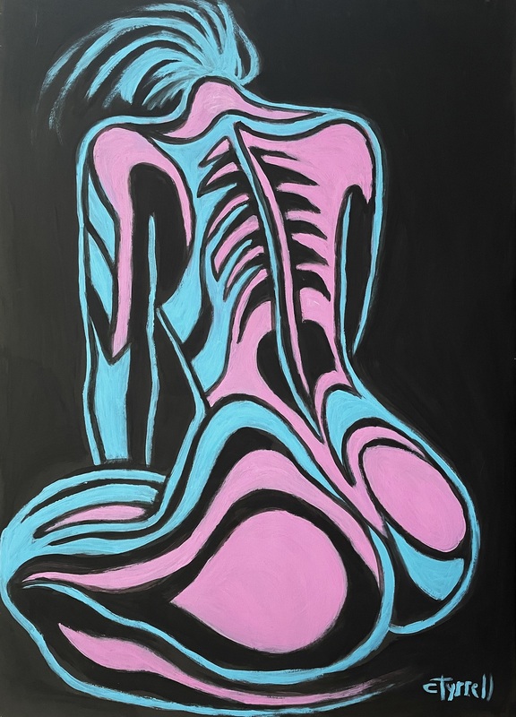 Painted Body Blue and Pink 2.jpg :: Original figurative acrylics painting on paper, unframed. Rear image of a female nude body painted with blue and pink on black background. Size 70 cm x 50 cm (27.5\