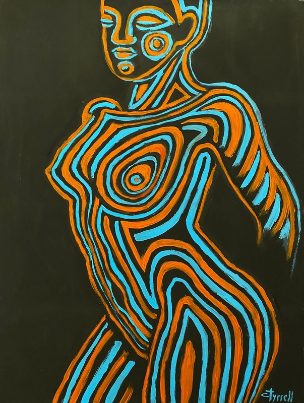 Painted Body Orange and Blue 1.jpg :: Original figurative acrylics painting on paper, unframed. Frontal image of a female nude body painted with stripes orange and blue on black background. Size 76 cm x 56 cm (22\