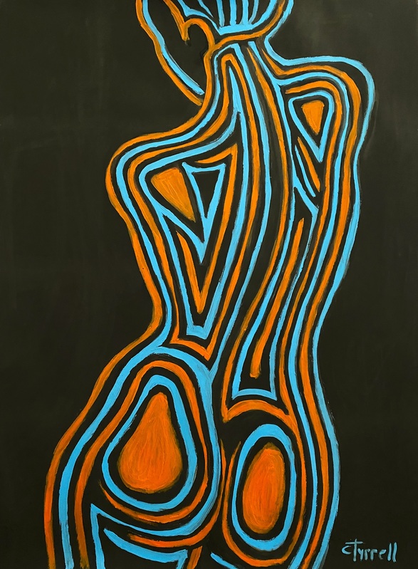 Painted Body Orange and Blue 2.jpg :: Original figurative acrylics painting on paper, unframed. Back image of a female nude body painted with stripes orange and blue on black background. Size 76 cm x 56 cm (22\