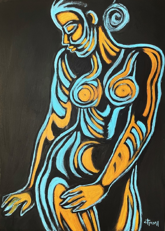 Painted Body Orange and Blue 3.jpg :: Original figurative acrylics painting on black paper, unframed. 
Frontal image of a female nude body painted orange and blue on black background. The painted patterns highlight the body shape and movement. Size 83 cm x 59 cm (32.5\