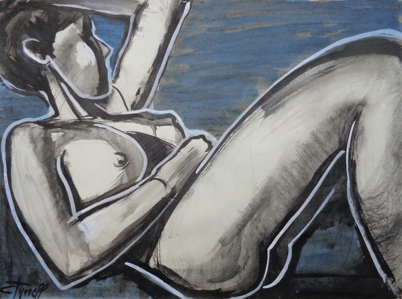 Peaceful Evening - Female Nude.jpg :: Original contemporary figurative drawing on paper, unframed. Made using charcoal with blue, black and white inks. Modern and minimalist style. Sensual image of a lying down female nude enjoying a peaceful evening. Size 76 cm x 56 cm (30\