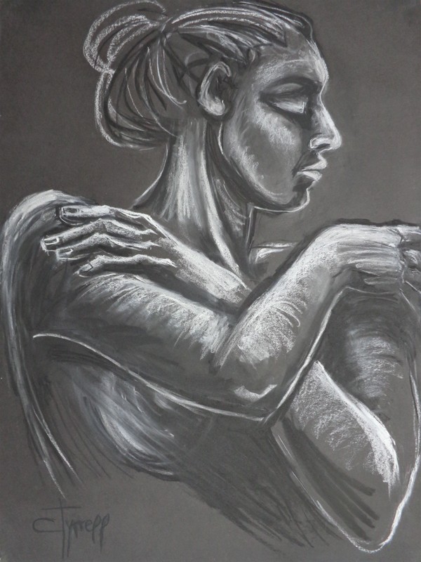 Pensive - Portrait Of A Woman.jpg :: Original contemporary figurative charcoal and white pastel drawing on black paper, unframed. Portrait of a pensive young woman, face in profile with crossed arms and delicate hands. New series of monochrome modern and spontaneous portrait drawings of women expressing feelings and moods. Size 59 cm x 80 cm (23.5\