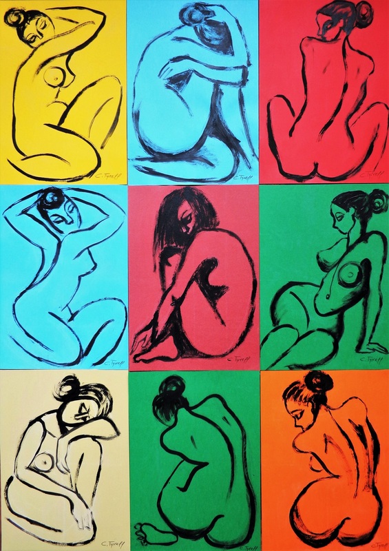 Posers On Colours (series 1).jpg :: Original series of 9 acrylics paintings on A4 assorted pastel cards, 200 gsm. Unframed. There are 9 individual colours and minimalsit designs of female nude postures,signed front and back. Each card size is 29.5 cm x 21 cm and total size is 88.5 cm x 63 cm. They can be framed together or individually. The set will be delivered as a pack of 9 cards, matte spray protected and professionally packed in a cardboard box. Certificate of Authenticity included. FREE delivery in U.K., worldwide delivery cost will be calculated and added to the artwork price. 