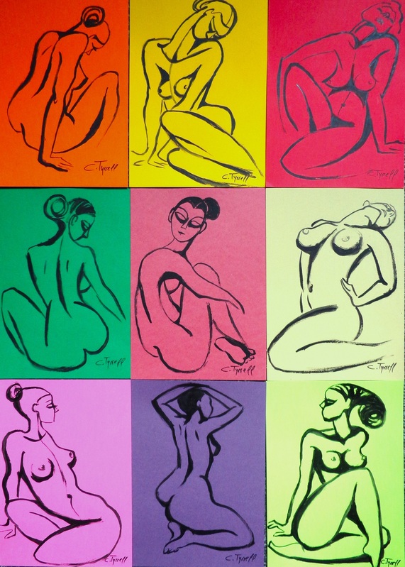Posers On Colours (series 2).jpg :: Original series of 9 acrylics paintings on A4 assorted pastel cards, 200 gsm. Unframed. There are 9 individual colours and minimalist designs of female nude postures, signed front and back. Each card size is 29.5 cm x 21 cm and total size is 88.5 cm x 63 cm. They can be framed together or individually. The set will be delivered as a pack of 9 cards, matte spray protected and professionally packed in a cardboard box. Certificate of Authenticity included. FREE delivery in U.K., worldwide delivery cost will be calculated and added to the artwork price. 