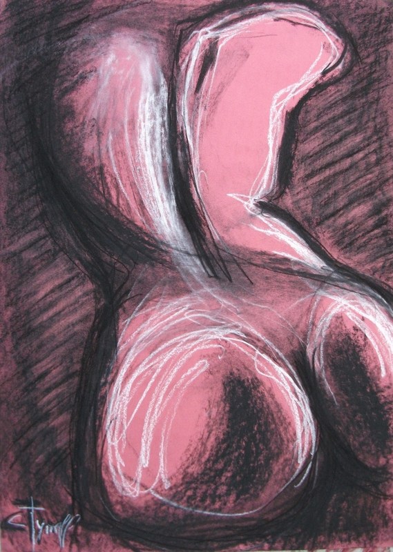 Posterior - Female Nude.jpg :: Original contemporary figurative charcoal and pastel drawing on pink paper, unframed. Sensual image of a female nude arched back. Size 59 cm x 41 cm ( 23\