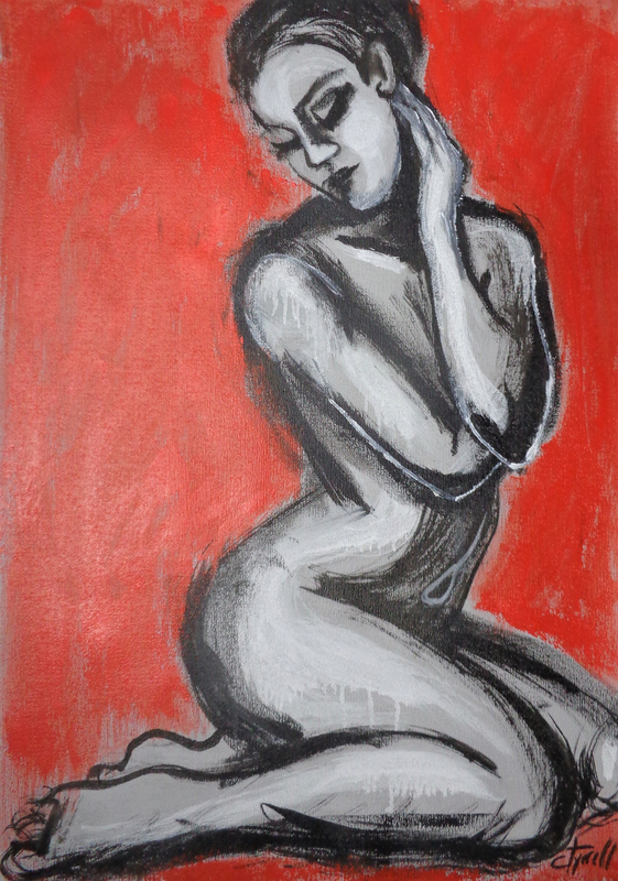 Posture 1 - Female Nude.jpg :: Original contemporary figurative painting on paper, unframed. Black and white ink with orange acrylic on textured grey paper. Starting a new series of graceful postures of female nude. Sensual seated nude. Size 50 cm x 70 cm (20\
