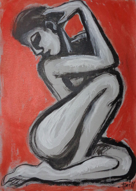 Posture 2 - Female Nude.jpg :: Original contemporary figurative painting on paper, unframed. Black and white ink with orange acrylic on textured grey paper. Part of a new series of graceful postures of female nude. Seated nude with head turned. Size 50 cm x 70 cm (20\