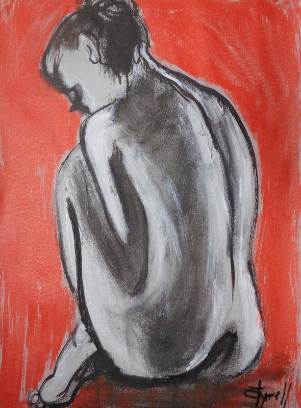 Posture 3 - Female Nude.jpg :: Original contemporary figurative painting on paper, unframed. Black and white ink with orange acrylic on textured grey paper. Part of a new series of graceful postures of female nude.  Sensual back of a seated nude. Size 50 cm x 70 cm (20\
