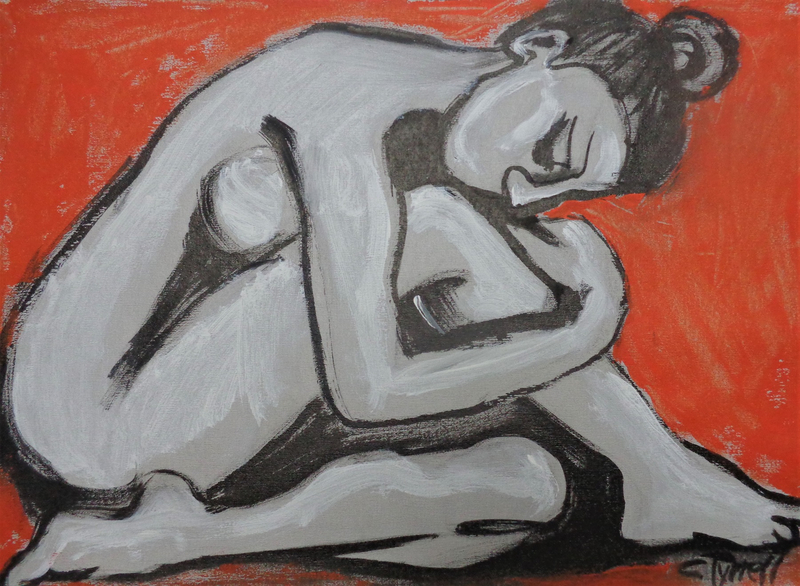 Posture 4 - Female Nude.jpg :: Original contemporary figurative painting on paper, unframed. Black and white ink with orange acrylic on textured grey paper. Part of a new series of graceful postures of female nude. Melancholic nude profile posture. Size 50 cm x 70 cm (20\