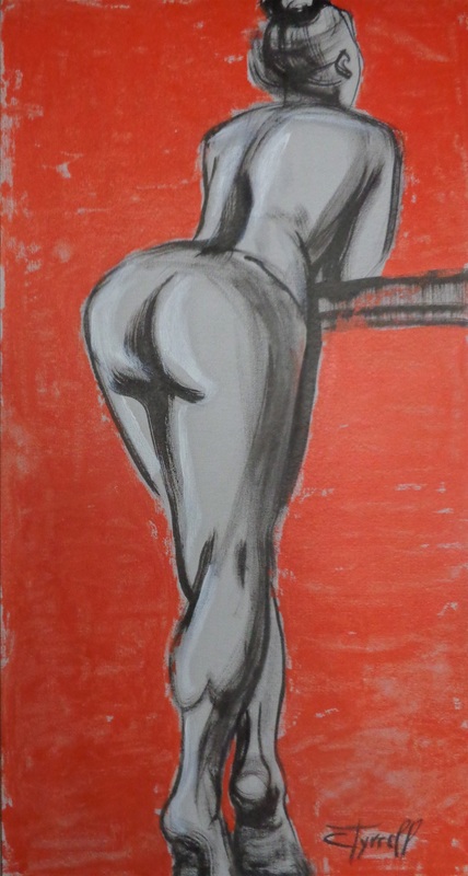 Posture 5 - Female Nude.jpg :: Original contemporary figurative painting on paper, unframed. Black ink,white and orange acrylic on textured grey paper.  Rear view of a seductive female nude leaning over the balcony. Part of a new series of graceful postures of female nude.  Size 53 cm x 100 cm (21\