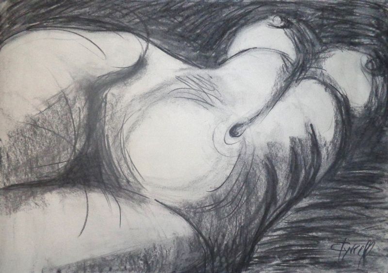 Private Moment - Female Nude.jpg :: Original unique contemporary figurative charcoal drawing on paper, unframed. Foreshortening image of a female nude torso lying on her back. Size 33\
