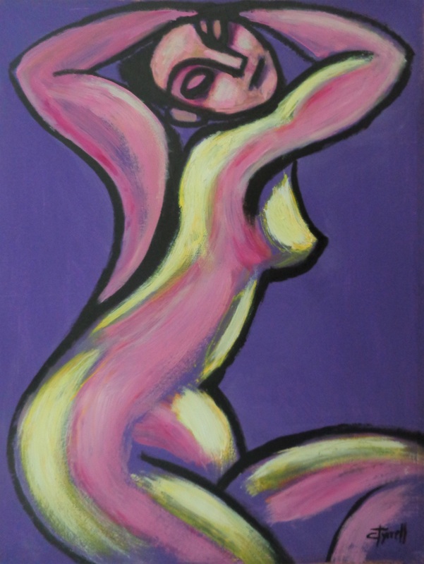 Purple And Yellow Figure.jpg :: Original figurative painting on acid free quality paper, unframed. Part of a new series of colourful expressionist acrylic paintings of nude figures. Showing here side of a seated nude, made using purple, pink and yellow acrylic colours.  
Size 60 cm x 80 cm ( 23.5\