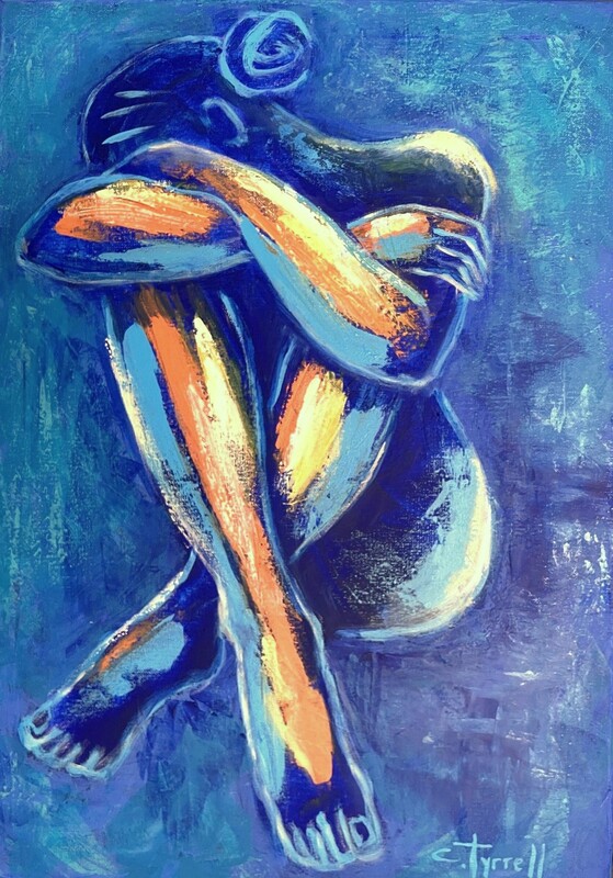 Quiet Moment.jpg :: Original expresionist acrylics painting on canvas, painted edges and ready to hang. Frame is optional. Colourful and textured painting made with layers of blue, teal, yellow and orange acrylics applied with the palette knife. A  woman is resting, seated with her face and arms propped on her knees. Blue colour suggests a quiet evening where she can reflect and unwind peacefully. Size 42cm x 60 cm x 1.5 cm (16.5\