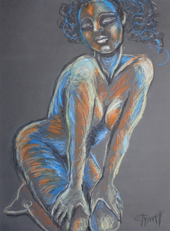 Rainbow Nude 2.jpg :: Original contemporary figurative multi-coloured oil pastels drawing on black paper,unframed. Part of the series of colourful nudes. Erotic and sensual image of a female nude on her knees. 
Size 60 cm x 80 cm (23.5\