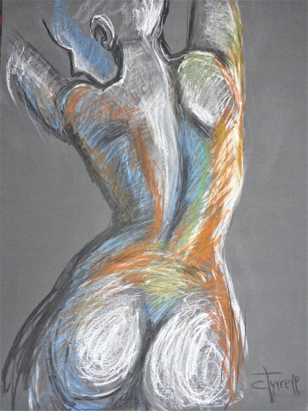 Rainbow Nude Stretching.jpg :: Original contemporary figurative orange and blue oil pastels drawing on black paper, unframed. Part of the series of colourful nudes. Erotic and sensual image of a female nude back stretching. 
Size 60 cm x 80 cm (23.5\